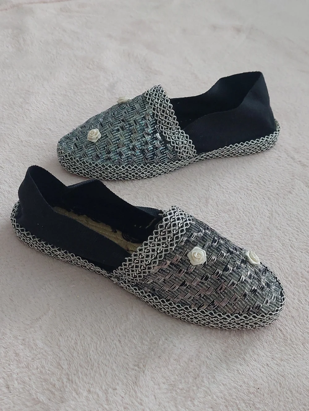 Embellished Black and Silver Espadrille Flats NWOT
